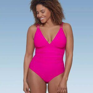 NEW Women's UPF 50 V-Neck Shirred One Piece Swimsuit - Aqua Green® Pink